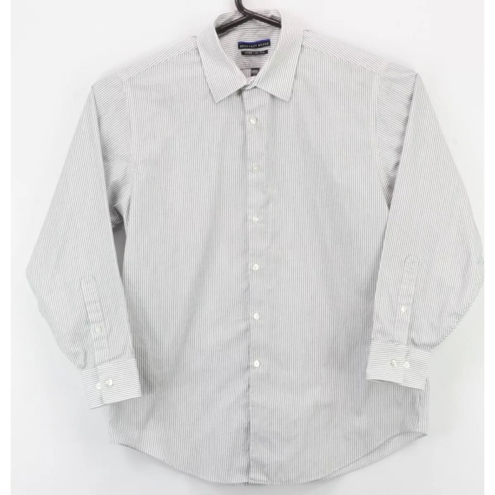 Geoffrey Beene Mens Button Up LS Fitted Shirt Size 16.5 32/33 White Gray Striped